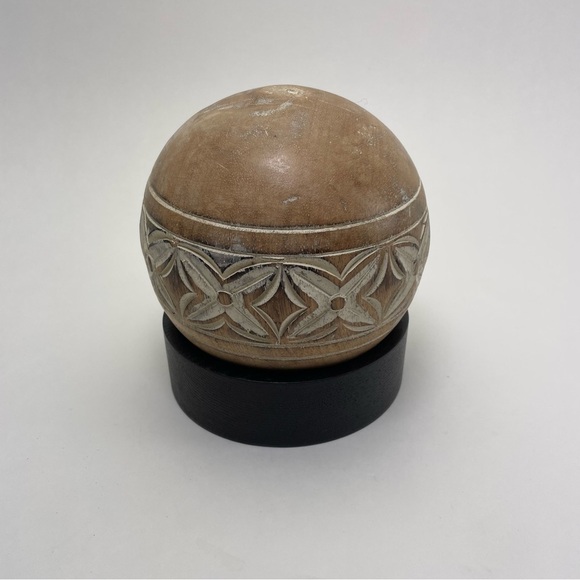 Carved Wooden Sphere Ball on Stand - Picture 5 of 9